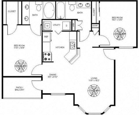 Floor plan for 2 beds, 2 baths, 954 sqft